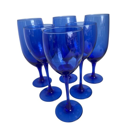 Set Of 6 Luminarc France Cobalt Blue Crystal Goblets 3-6oz 3-8oz Barware Stemwar - Picture 3 of 7